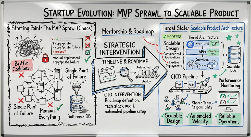 Whiteboard sketch of MVP to scalable product roadmap